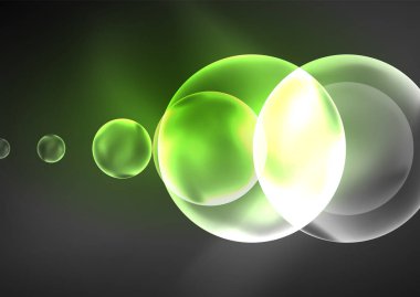 Parlayan neon parlak şeffaf kabarcıklar, cam daireler ya da biyo hücre konsepti. Duvar kağıdı, bayrak, arkaplan, kart, kitap illüstrasyonu, iniş sayfası için tekno fütüristik vektör soyut arkaplan