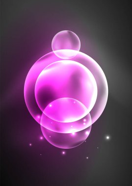 Parlayan neon parlak şeffaf kabarcıklar, cam daireler ya da biyo hücre konsepti. Duvar kağıdı, bayrak, arkaplan, kart, kitap illüstrasyonu, iniş sayfası için tekno fütüristik vektör soyut arkaplan