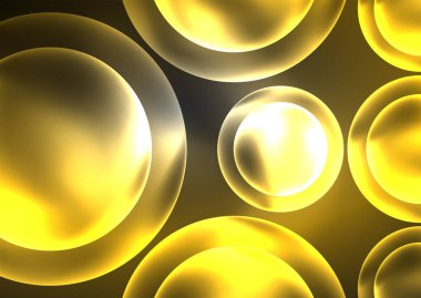Parlayan neon parlak şeffaf kabarcıklar, cam daireler ya da biyo hücre konsepti. Duvar kağıdı, bayrak, arkaplan, kart, kitap illüstrasyonu, iniş sayfası için tekno fütüristik vektör soyut arkaplan