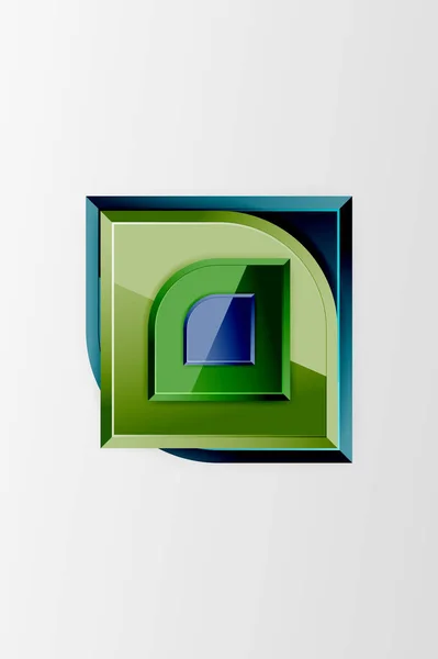 円形の要素の幾何学的な組成を持つ光沢のあるガラスの正方形。抽象幾何学的背景と3D効果組成壁紙、バナー、背景、カード、ブックイラスト、ランディングページ — ストックベクタ