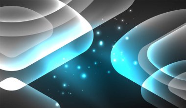 Parlayan neon parlak şeffaf soyut geometrik şekiller ve ışık efektleri. Duvar kağıdı, bayrak, arkaplan, kart, kitap illüstrasyonu, iniş sayfası için tekno fütüristik vektör soyut arkaplan