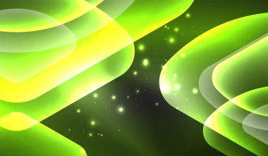 Parlayan neon parlak şeffaf soyut geometrik şekiller ve ışık efektleri. Duvar kağıdı, bayrak, arkaplan, kart, kitap illüstrasyonu, iniş sayfası için tekno fütüristik vektör soyut arkaplan