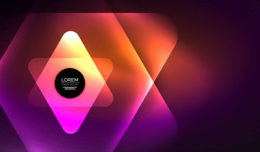 Parlayan neon parlak şeffaf soyut geometrik şekiller ve ışık efektleri. Duvar kağıdı, bayrak, arkaplan, kart, kitap illüstrasyonu, iniş sayfası için tekno fütüristik vektör soyut arkaplan