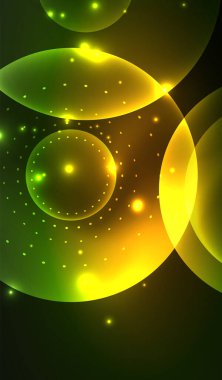 Parlayan neon parlak şeffaf soyut geometrik şekiller ve ışık efektleri. Duvar kağıdı, bayrak, arkaplan, kart, kitap illüstrasyonu, iniş sayfası için tekno fütüristik vektör soyut arkaplan