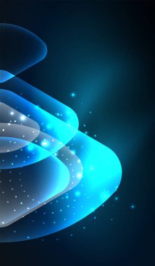 Parlayan neon parlak şeffaf soyut geometrik şekiller ve ışık efektleri. Duvar kağıdı, bayrak, arkaplan, kart, kitap illüstrasyonu, iniş sayfası için tekno fütüristik vektör soyut arkaplan