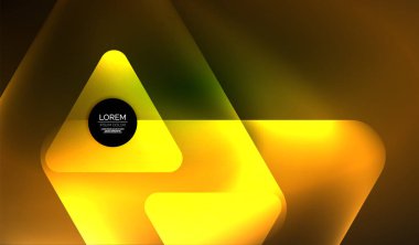 Parlayan neon parlak şeffaf soyut geometrik şekiller ve ışık efektleri. Duvar kağıdı, bayrak, arkaplan, kart, kitap illüstrasyonu, iniş sayfası için tekno fütüristik vektör soyut arkaplan