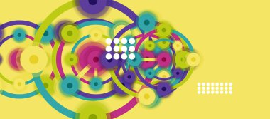 Düz stil geometrik soyut arkaplan, yuvarlak noktalar veya renk arkaplan üzerindeki daire bağlantıları. Teknoloji ağı kavramı.