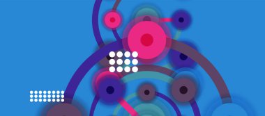 Düz stil geometrik soyut arkaplan, yuvarlak noktalar veya renk arkaplan üzerindeki daire bağlantıları. Teknoloji ağı kavramı.