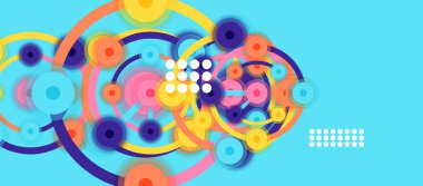 Düz stil geometrik soyut arkaplan, yuvarlak noktalar veya renk arkaplan üzerindeki daire bağlantıları. Teknoloji ağı kavramı.