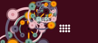 Düz stil geometrik soyut arkaplan, yuvarlak noktalar veya renk arkaplan üzerindeki daire bağlantıları. Teknoloji ağı kavramı.