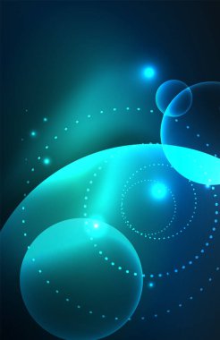 Işık efektleriyle şeffaf parlak parlak daireler. Duvar kağıdı, bayrak, arkaplan, kart, kitap illüstrasyonu, iniş sayfası için tekno fütüristik vektör soyut arkaplan