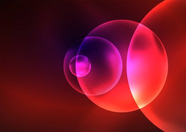 Parlayan neon parlak şeffaf kabarcıklar, cam daireler ya da biyo hücre konsepti. Duvar kağıdı, bayrak, arkaplan, kart, kitap illüstrasyonu, iniş sayfası için tekno fütüristik vektör soyut arkaplan