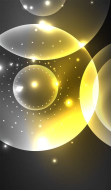 Parlayan neon parlak şeffaf soyut geometrik şekiller ve ışık efektleri. Duvar kağıdı, bayrak, arkaplan, kart, kitap illüstrasyonu, iniş sayfası için tekno fütüristik vektör soyut arkaplan