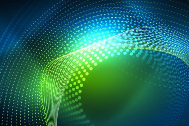 Soyut parçacıklar, dalga arkaplanı, neon hareket tekno tasarımı