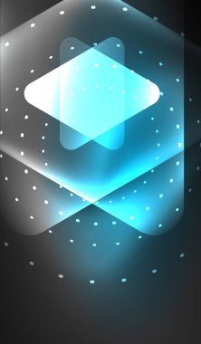 Parlayan neon parlak şeffaf soyut geometrik şekiller ve ışık efektleri. Duvar kağıdı, bayrak, arkaplan, kart, kitap illüstrasyonu, iniş sayfası için tekno fütüristik vektör soyut arkaplan