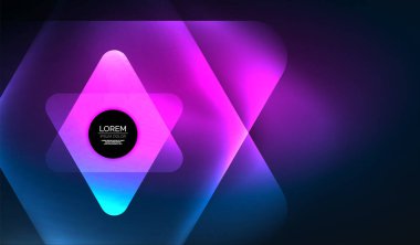 Parlayan neon parlak şeffaf soyut geometrik şekiller ve ışık efektleri. Duvar kağıdı, bayrak, arkaplan, kart, kitap illüstrasyonu, iniş sayfası için tekno fütüristik vektör soyut arkaplan