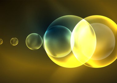 Parlayan neon parlak şeffaf kabarcıklar, cam daireler ya da biyo hücre konsepti. Duvar kağıdı, bayrak, arkaplan, kart, kitap illüstrasyonu, iniş sayfası için tekno fütüristik vektör soyut arkaplan