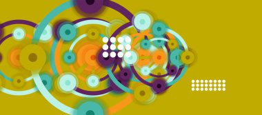 Düz stil geometrik soyut arkaplan, yuvarlak noktalar veya renk arkaplan üzerindeki daire bağlantıları. Teknoloji ağı kavramı.