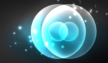 Parlayan neon parlak şeffaf soyut geometrik şekiller ve ışık efektleri. Duvar kağıdı, bayrak, arkaplan, kart, kitap illüstrasyonu, iniş sayfası için tekno fütüristik vektör soyut arkaplan