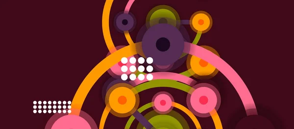 Ploché geometrické abstraktní pozadí, kulaté tečky nebo kruhové spojení na barevném pozadí. Koncept technologické sítě. — Stockový vektor