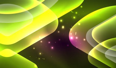 Parlayan neon parlak şeffaf soyut geometrik şekiller ve ışık efektleri. Duvar kağıdı, bayrak, arkaplan, kart, kitap illüstrasyonu, iniş sayfası için tekno fütüristik vektör soyut arkaplan