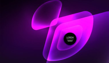 Parlayan neon parlak şeffaf soyut geometrik şekiller ve ışık efektleri. Duvar kağıdı, bayrak, arkaplan, kart, kitap illüstrasyonu, iniş sayfası için tekno fütüristik vektör soyut arkaplan