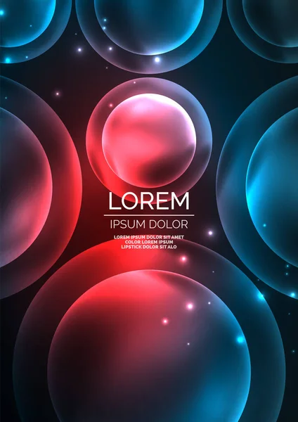 Glowing neon shiny transparent bubbles, glass circles or bio cell concept. Techno futuristic vector abstract background For Wallpaper, Banner, Background, Card, Book Illustration, landing page — Stock Vector