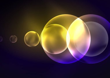 Parlayan neon parlak şeffaf kabarcıklar, cam daireler ya da biyo hücre konsepti. Duvar kağıdı, bayrak, arkaplan, kart, kitap illüstrasyonu, iniş sayfası için tekno fütüristik vektör soyut arkaplan