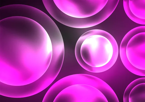 Brillante al neon lucide bolle trasparenti, cerchi di vetro o concetto di bio cellula. Techno futuristico vettore sfondo astratto per carta da parati, banner, sfondo, carta, illustrazione del libro, pagina di destinazione — Vettoriale Stock