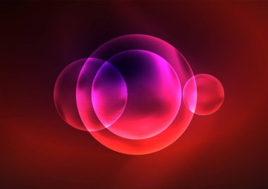 Parlayan neon parlak şeffaf kabarcıklar, cam daireler ya da biyo hücre konsepti. Duvar kağıdı, bayrak, arkaplan, kart, kitap illüstrasyonu, iniş sayfası için tekno fütüristik vektör soyut arkaplan