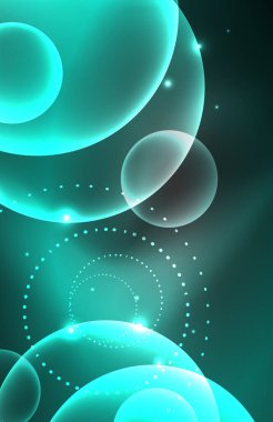 Işık efektleriyle şeffaf parlak parlak daireler. Duvar kağıdı, bayrak, arkaplan, kart, kitap illüstrasyonu, iniş sayfası için tekno fütüristik vektör soyut arkaplan