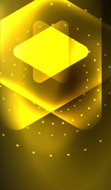 Parlayan neon parlak şeffaf soyut geometrik şekiller ve ışık efektleri. Duvar kağıdı, bayrak, arkaplan, kart, kitap illüstrasyonu, iniş sayfası için tekno fütüristik vektör soyut arkaplan