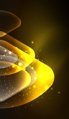 Parlayan neon parlak şeffaf soyut geometrik şekiller ve ışık efektleri. Duvar kağıdı, bayrak, arkaplan, kart, kitap illüstrasyonu, iniş sayfası için tekno fütüristik vektör soyut arkaplan