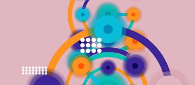 Düz stil geometrik soyut arkaplan, yuvarlak noktalar veya renk arkaplan üzerindeki daire bağlantıları. Teknoloji ağı kavramı.