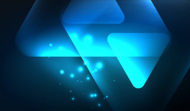 Parlayan neon parlak şeffaf soyut geometrik şekiller ve ışık efektleri. Duvar kağıdı, bayrak, arkaplan, kart, kitap illüstrasyonu, iniş sayfası için tekno fütüristik vektör soyut arkaplan