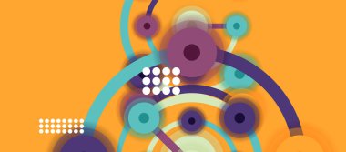 Düz stil geometrik soyut arkaplan, yuvarlak noktalar veya renk arkaplan üzerindeki daire bağlantıları. Teknoloji ağı kavramı.