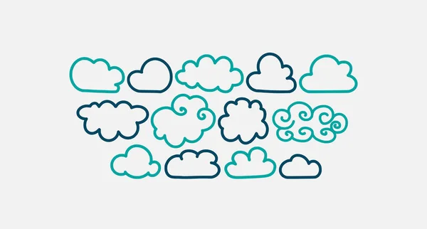 Conjunto de iconos de nube dibujados a mano, diseño de estilo de línea, ilustración de garabatos vectoriales — Vector de stock