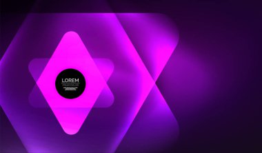 Parlayan neon parlak şeffaf soyut geometrik şekiller ve ışık efektleri. Duvar kağıdı, bayrak, arkaplan, kart, kitap illüstrasyonu, iniş sayfası için tekno fütüristik vektör soyut arkaplan