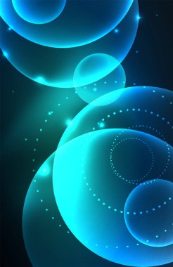 Işık efektleriyle şeffaf parlak parlak daireler. Duvar kağıdı, bayrak, arkaplan, kart, kitap illüstrasyonu, iniş sayfası için tekno fütüristik vektör soyut arkaplan