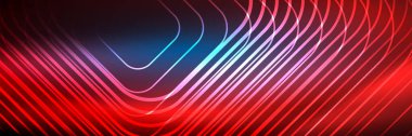 Parlak neon çizgiler, çizgiler ve dalgalar, soyut teknoloji arka planı. İş veya teknoloji sunumu, İnternet posteri veya web broşürü kapağı, duvar kağıdı için modaya uygun soyut düzen şablonu