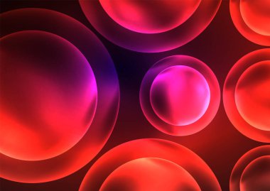 Parlayan neon parlak şeffaf kabarcıklar, cam daireler ya da biyo hücre konsepti. Duvar kağıdı, bayrak, arkaplan, kart, kitap illüstrasyonu, iniş sayfası için tekno fütüristik vektör soyut arkaplan