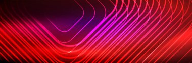 Parlak neon çizgiler, çizgiler ve dalgalar, soyut teknoloji arka planı. İş veya teknoloji sunumu, İnternet posteri veya web broşürü kapağı, duvar kağıdı için modaya uygun soyut düzen şablonu