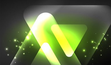 Parlayan neon parlak şeffaf soyut geometrik şekiller ve ışık efektleri. Duvar kağıdı, bayrak, arkaplan, kart, kitap illüstrasyonu, iniş sayfası için tekno fütüristik vektör soyut arkaplan