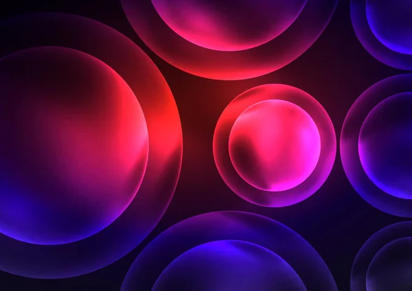 Zářící neonově zářící průhledné bubliny, skleněné kruhy nebo koncepce biobuněčných buněk. Techno futuristické vektorové abstraktní pozadí pro tapetu, nápis, pozadí, kartu, ilustraci knihy, úvodní stránku — Stockový vektor