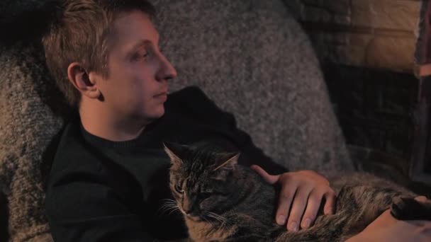 Joven sentado junto a la chimenea y abrazando a lindo gato en una casa de campo — Vídeo de stock