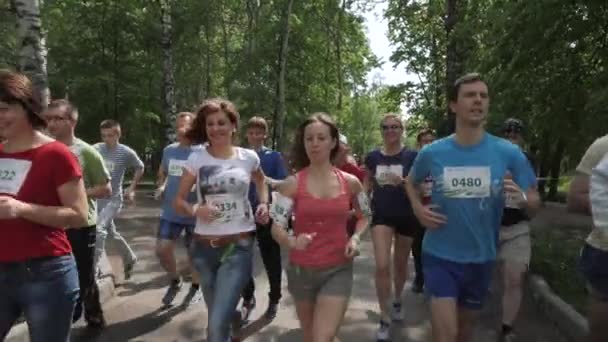 Nizhny novgorod, Russischer Verband - Mai 2015: Marathon, Straßenläufer im Frühling. Benefizlauf, viele Menschen laufen im Park — Stockvideo