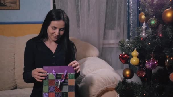 Jeune belle fille souriante. Jolie brune tenant son cadeau de Noël assis près de l'arbre de Noël — Video