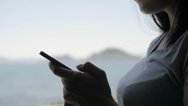 Retrato de mujer joven usando Smartphone. modelo caucásico de pie en la ventana y utilizar su teléfono inteligente — Vídeos de Stock