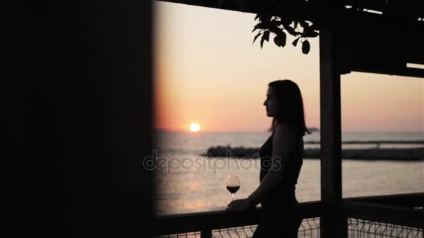 Σιλουέτα του νεαρή γυναίκα πίνοντας κόκκινο κρασί στην υπαίθρια βεράντα βλέποντας την όμορφη θέα στη θάλασσα — Αρχείο Βίντεο