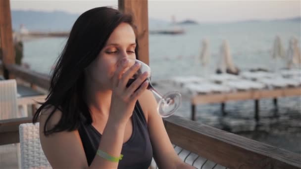 Jeune femme buvant du vin rouge sur une terrasse extérieure regardant un beau coucher de soleil sur la mer — Video